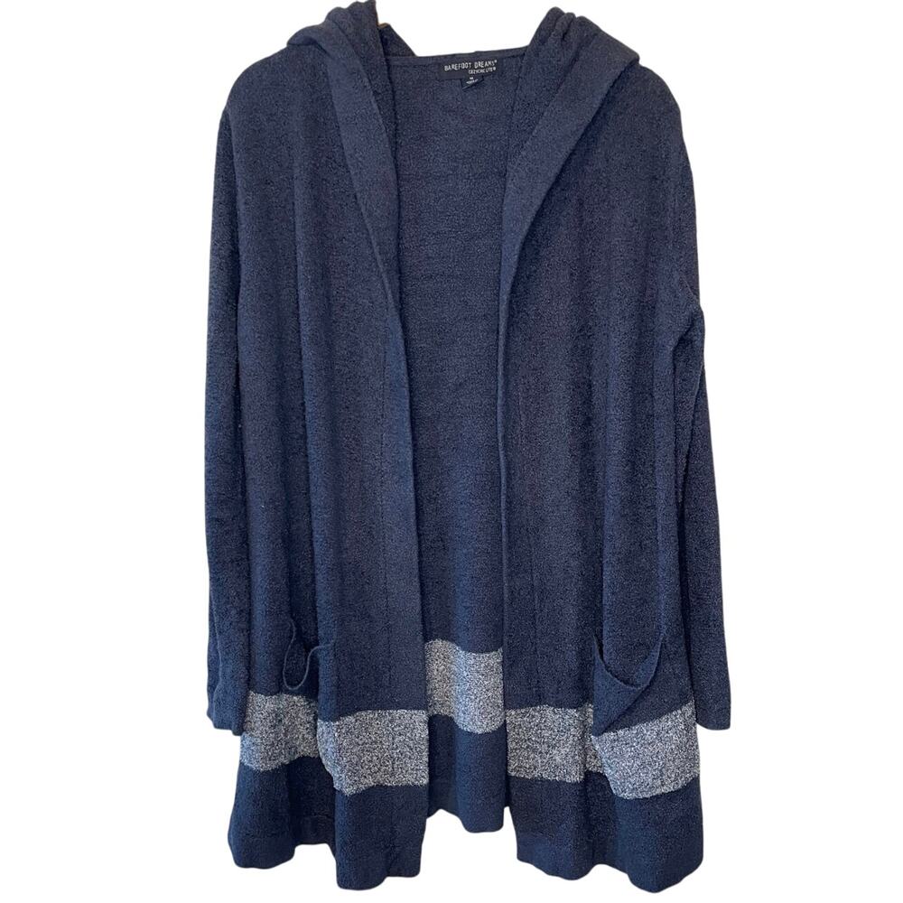 Barefoot Dreams Cozychic Light Hooded Navy Stripe Open Front Cardigan Medium
